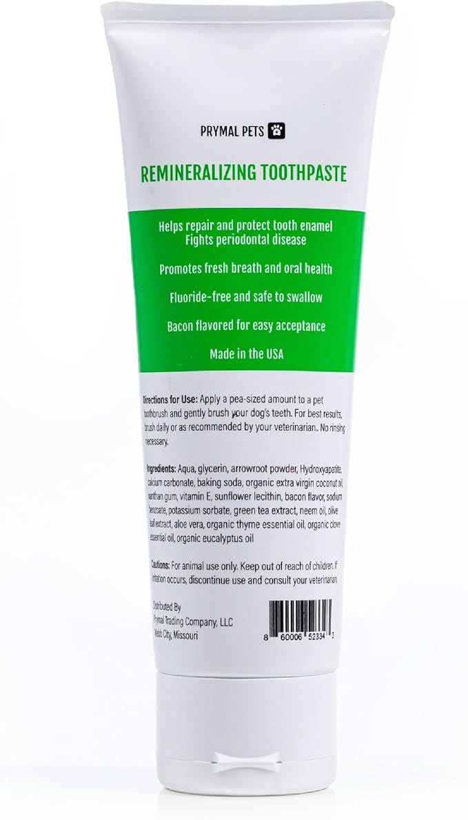 Prymal Pets Remineralizing Dog Toothpaste with Nano-Hydroxyapatite – Bacon Flavor, Fluoride-Free & Safe to Swallow, Veterinarian Reviewed, Made in USA, Fights Plaque & Freshens Breath (4 oz)
