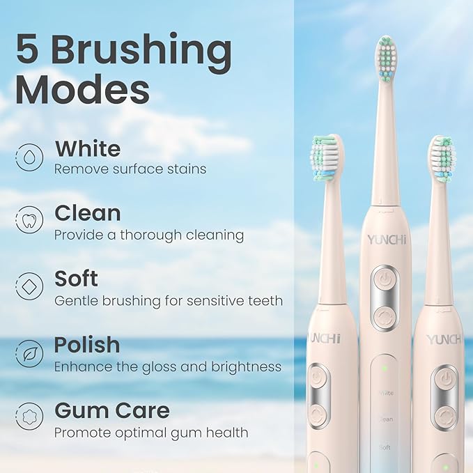 YUNCHI Electric Toothbrush for Adults and Kids, Sonic Rechargeable Battery Toothbrushes, 8 Brush Heads, 1 Travel Case, 2 Min Timer, IPX7 Waterproof, 5 Modes, Blue Yellow Gradient