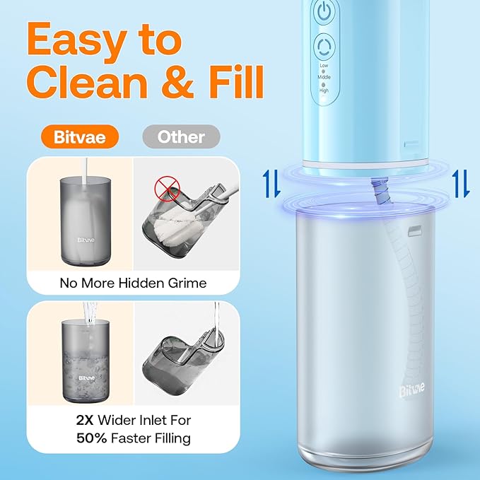 Bitvae P1 Water Dental Flosser, Travel Water Cleaner Picks, Cordless Mini Water Teeth Cleaners with Telescopic Water Tank, IPX7 Waterproof Oral Irrigator, Brace & Sensitive Teeth Care, Sky Blue