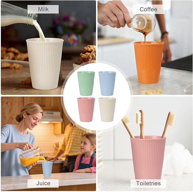 uxcell 4 Pcs Simple Toothbrush Cup, 3.3 x 3.3 x 4.2 Dishwasher Safe Bathroom Tumbler Reusable Plastic Cup Set for Storing Toothpaste Combs, Light Green/Light Pink/Light Blue/Beige