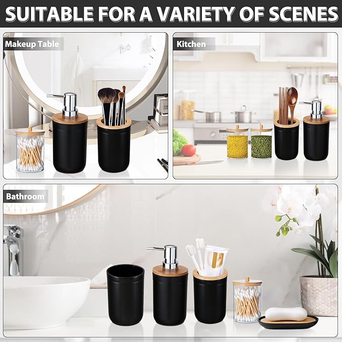 iMucci Bathroom Accessories Set 5Piece Black Bathroom Sets, Toothbrush Holder, Toothbrush Cup, Lotion Soap Dispenser, Soap Dish and Qtip Holder Bathroom Decor