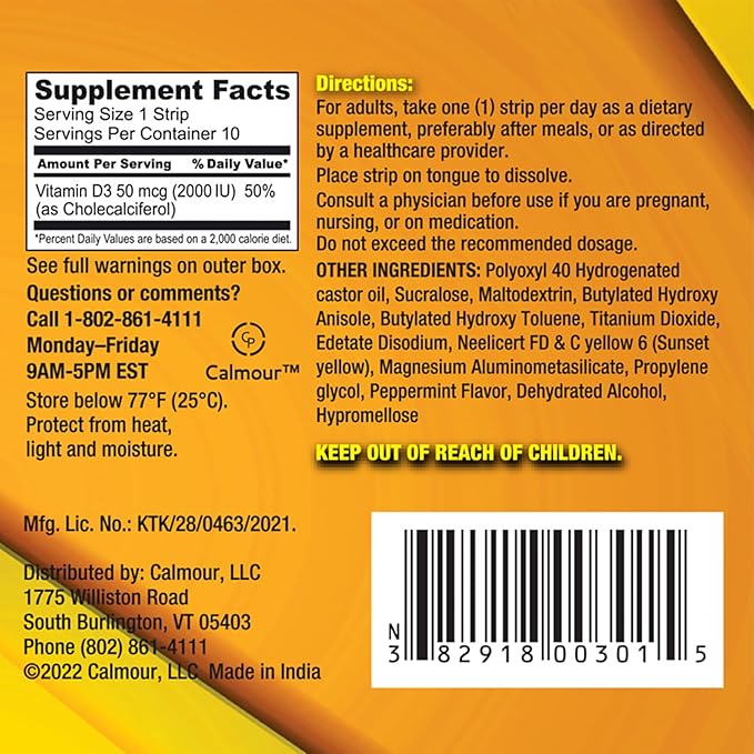 Vitamin D3 Strips 30 Pack| 2000 IU Oral Dissolvable D3 Vitamin Strips | Peppermint Flavor Melts on Your Tongue in 30 Seconds | Boost Immunity & Enhance Mental Focus with Vitamin D3 2000