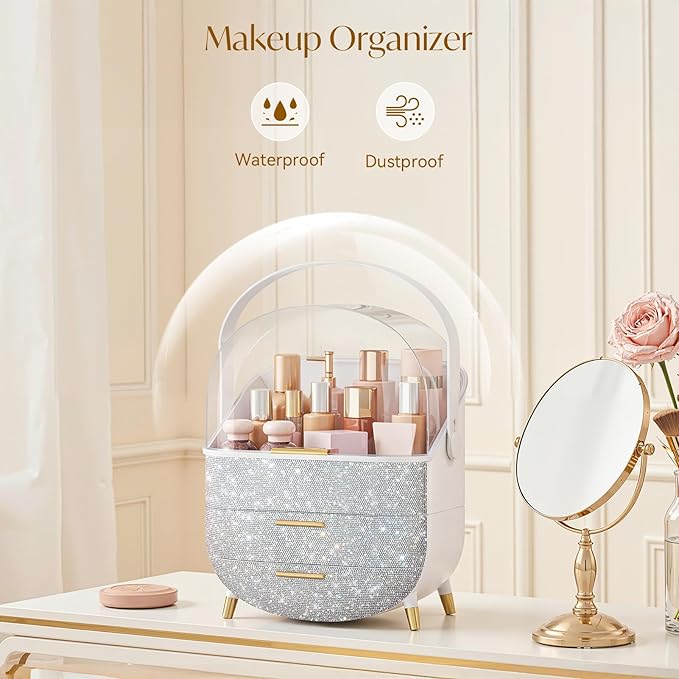 Bling Makeup Organizers, Cosmetic Display Case with Clear Cover, Vanity Makeup Organizers for Lipstick Perfume Lotion and Skincare, Silver Diamond