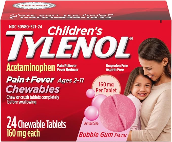 Children's Tylenol Chewables with 160 mg Acetaminophen, Pain Reliever & Fever Reducer for Kids' Cold + Flu Symptoms, Headache, Sore Throat & Toothache, Aspirin-Free, Bubble Gum, 24 ct