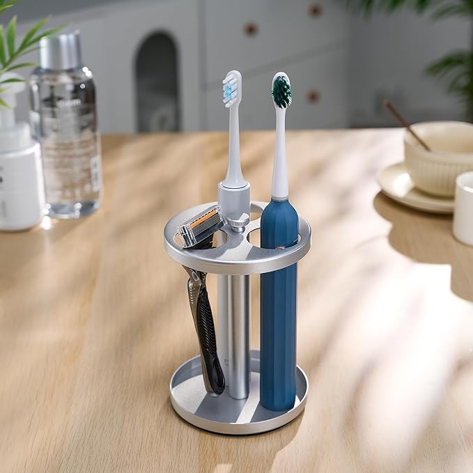 Electric Toothbrush Holder Stand for Bathroom: Stainless Steel Ventilated Organizer with Slots for Electric Toothbrushes & Razors, Silver
