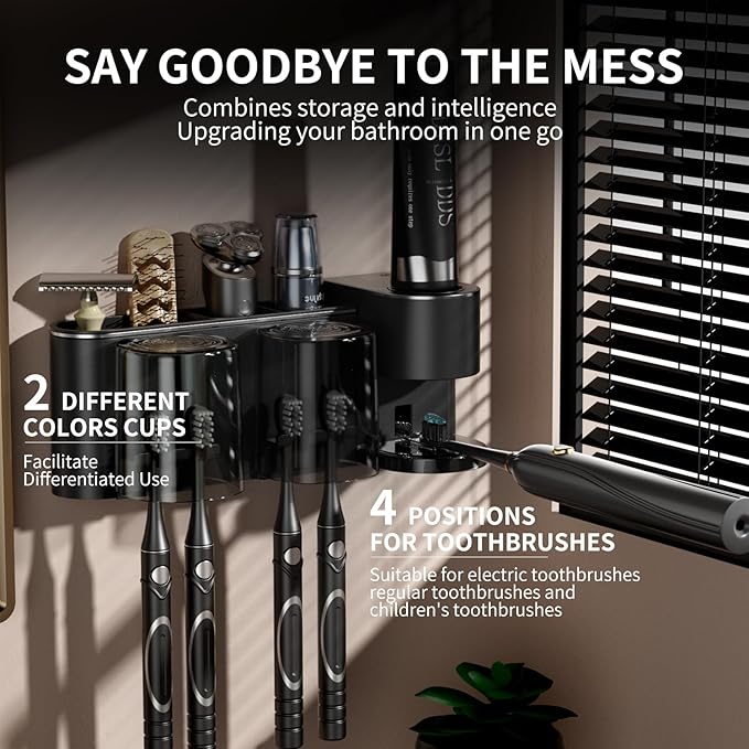 Automatic Toothpaste Dispenser Wall Mounted: 2 Cups Toothbrush Holders Black Electric 6 Adjustable Levels Auto Toothpaste Squeezer Smart Rechargeable Touchless for Kids Adults - Bathroom