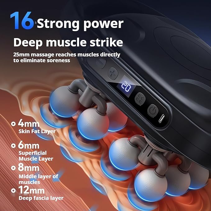 16-Head Massage Gun Set, Deep Tissue Percussion Muscle Massager with 20 Speeds & 9 Modes, Quiet Massage Gun for Back, Neck, Shoulders, Legs, Foot, Full Body Pain Relief & Relaxation