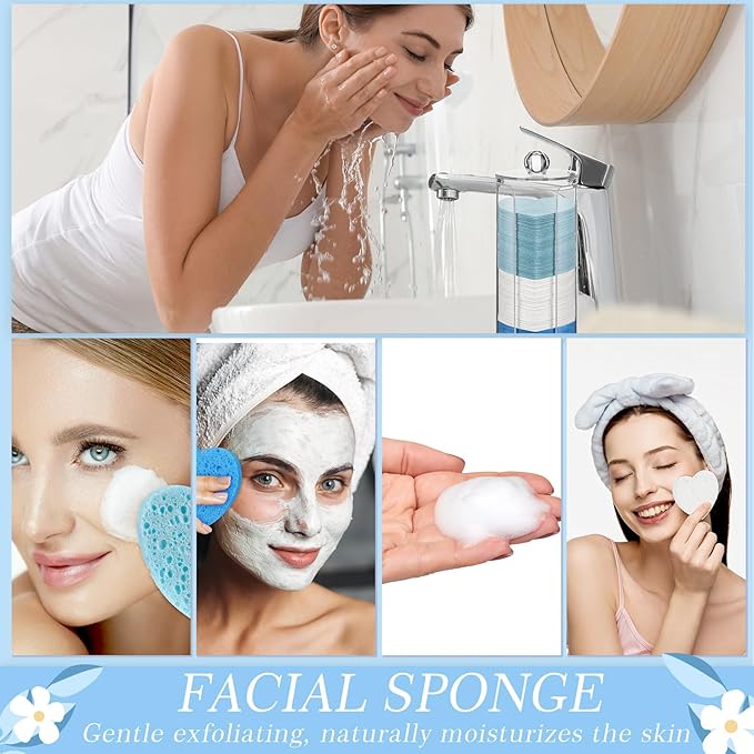 Sieral 120 Pcs Compressed Facial Sponges with Container Disposable Face Sponge Pads for Washing Face Cleansing Exfoliating Esthetician Makeup Removal(Heart,Blue, Light Blue, White)