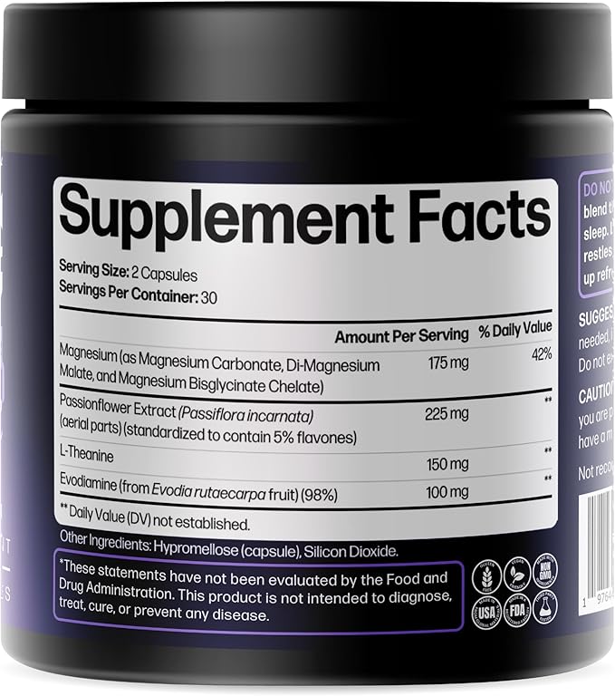 Doctor Formulated Triple Magnesium Sleep Complex with Magnesium Glycinate l Theanine Passionflower & Evodia - Non-Habit Forming - Promotes Relaxation, Calm & Muscle Recovery – Melatonin Free