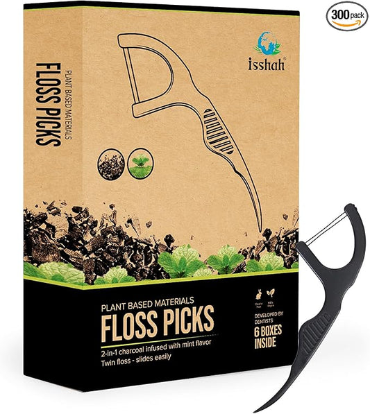 Natural Dental Floss Picks (300 Count) - Kraft Paper Box Packaging, Plant Based, PETA Approved Vegan, Eco Friendly, Sustainable Dental Flossers - Twin Floss (Charcoal)