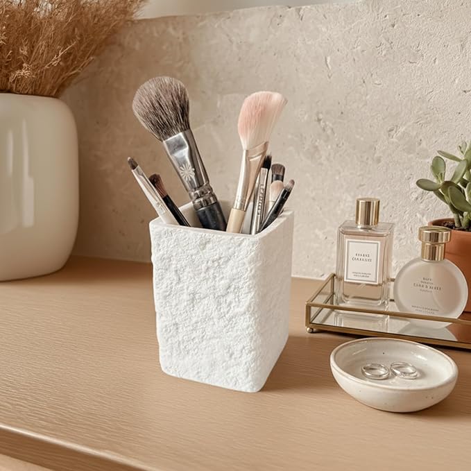 White Stone-Look Toothbrush Holder for Bathroom, Natural Rough Stone Textured, Unbreakable Heavy Bathroom Cup, Vanity Countertop Organizer for Makeup Brushes