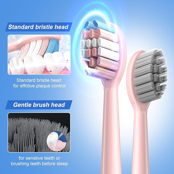 JTF Sonic Electric Toothbrush - with Travel Case and 6 Brush Heads, Fast Charging toothbrushes for 60 Days Long Lasting, 5 Modes Power Toothbrush for Women, Pink