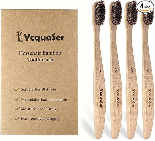 Bamboo Toothbrushes,Travel Toothbrush&Horse Bristle(4-Pack),Natural Soft Bristles for Adults,100% Biodegradable,Plastic & Nylon Free