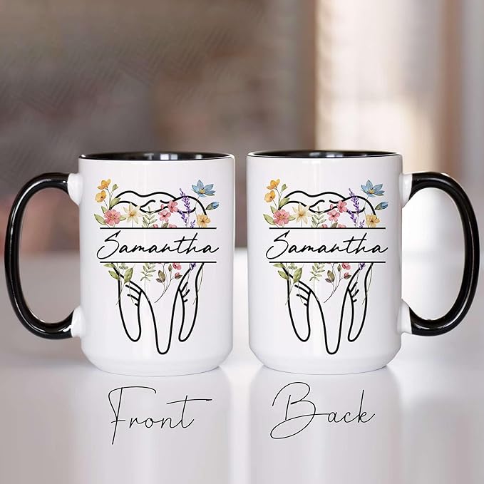 Personalized Floral Dentist Dental Hygiene Mug - Dental Assistant Mug - Dental Nurse Orthodontics Graduation Gift - Dentist Custom Name 11Oz 15Oz (DENTAL-FLORAL-M4)