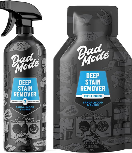 DadMode Laundry Stain Remover | 7-Enzyme Spray for Deep, Aged, Set-In Clothing Stains | Enzyme Booster Cleans Bodily Fluids, Oil, Wine, Turmeric | Sandalwood & Suede | 16oz Metal Bottle + Refill Pouch