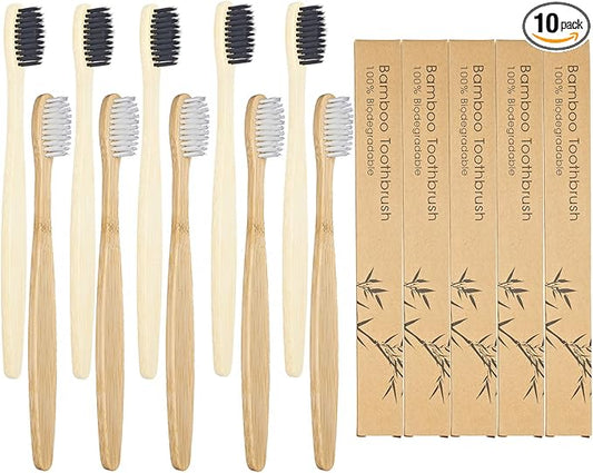 SEVENHEAD 10 PCS Bamboo Toothbrushes Soft Bristles Wooden Toothbrushes for Adult, Natural Biodegradable BPA Free Eco Friendly Toothbrushes Black White