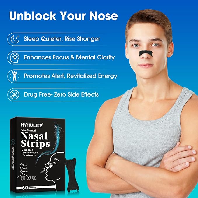 Nasal Strips for Snoring, 60 Count Nose Strips for Breathing- 3X Stronger Opening | Triple Elastic Bands, Reduce Snoring & Nasal Congestion, Nose Patches for Sleep, Work, Sport, Travel
