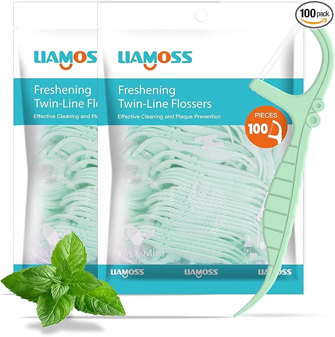 Mint Dental Flossers,200 Count Twin Line Floss Picks,LIAMOSS Professional Clean Travel Floss,Extra Strong Toothpicks Sticks,Dual Action Super Clean Teeth,Fight Tooth Decay(Mint,2Pack)…