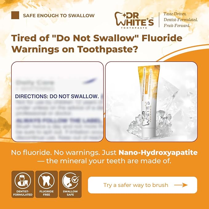 Dr. White’s Fluoride-Free nHA Toothpaste 2-Pack; Dentist-Formulated, Nano Hydroxyapatite + Xylitol, Sensitivity Relief Complex™, Mint-Free, Enamel Safe, Swallow-Safe (3.5 Oz, Mango Joy)