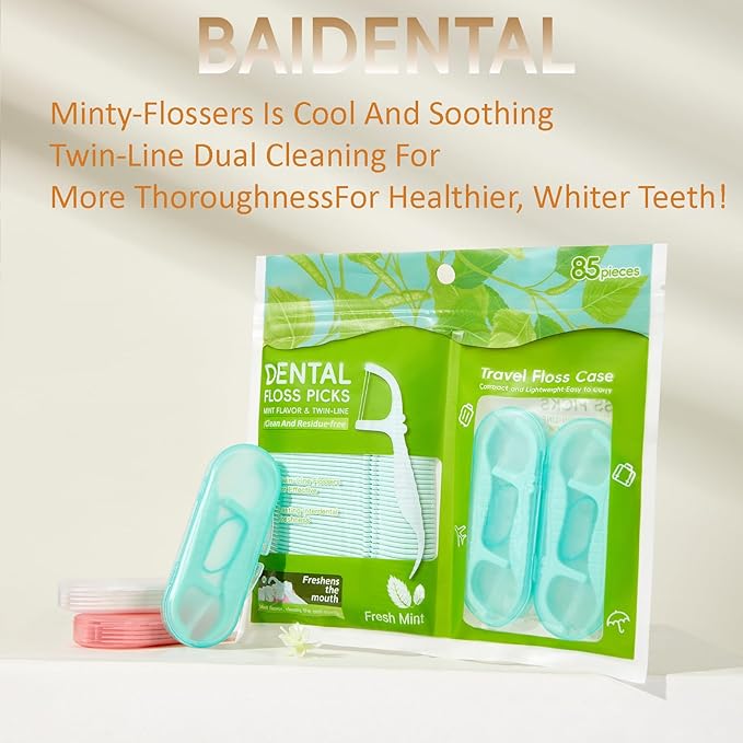 Green Dental Floss Picks Twin Line, Travel Size Toothpicks Floss Sticks Kit 85 Count with 2 Portable Flossers Case On-The-Go Oral Care