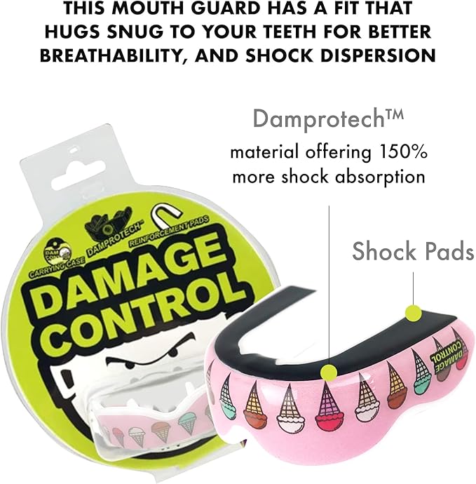 DAMAGE CONTROL Extreme Impact Mouth Guard – Sports Mouthguard for Boxing, MMA, BJJ, Hockey, Rugby, Lacrosse, & More – Mouthpiece for Teeth & Jaw Protection, for Youth & Adults (Women, I Scream)