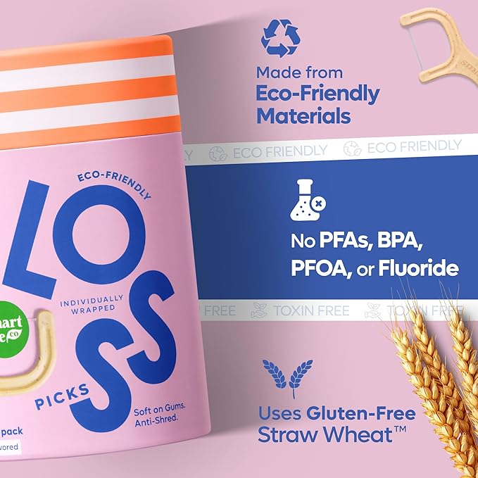 Individually Wrapped Dental Floss Picks (50ct) - Eco-Friendly Flosser Handle Made with Straw Wheat Blend | Great for Travel | PFA Free | Toothpick Stick Soft On Gums & Teeth | Vegan | Unflavored