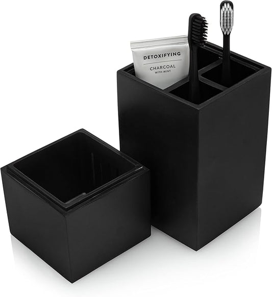 Essentra Home Toothbrush Holder with Lid, Elegant Matte Black Bathroom Toothbrush & Toothpaste Organizer – Matte Black Collection