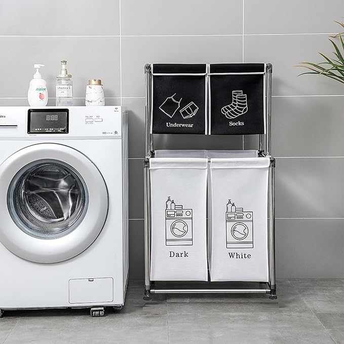 2-3 Tier Laundry Hamper with Removable Fabric Bins, Freestanding Laundry Sorter Organizer with Hooks, Foldable Sorting Basket for Bedroom, Bathroom & Dorm (2-Tier 2)