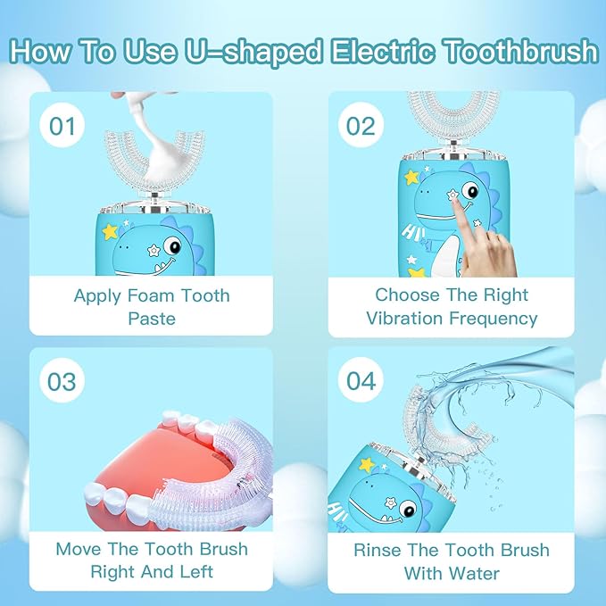 Kids Electric U Shaped Toothbrush,Kids Sonic Full Mouth Toothbrush with 4 Soft Brush Head Automatic 6 Cleaning Modes IPX7 Waterproof 360 Degree Cleaning - Age2-7 Watermelon Blue