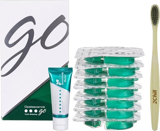Opalescence GO 15 Whitening Bundle - (7 Treatments) Hydrogen Peroxide Prefilled Teeth Whitening Trays and Travel Sensitive Whitening Toothpaste 1 Oz - Mint Flavor- Includes a Toothbrush - 6288-1T