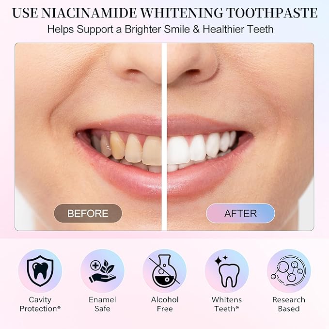 Niacinamide Whitening Toothpaste, Radiant Whitening Toothpaste, Stain Removal Natural, Complete Care, Enamel Repair, Freshes Breath, for Healthier and Whiter Teeth 2 PCS