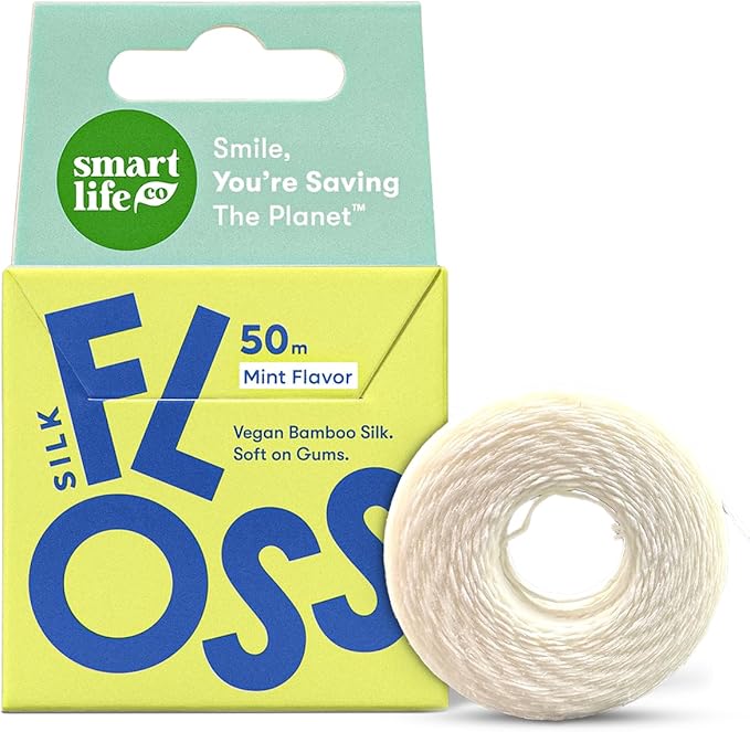 Vegan Bamboo Silk Floss - Pure Plastic Free Woven Dental Floss Thread | Zero Waste Eco-Friendly Oral Care | Natural PFA Free String for Adults & Kids Tight Teeth | Soft Easy Glide - Mint 55yds