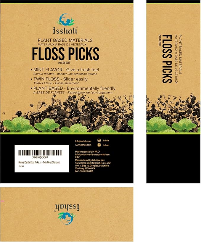 Natural Dental Floss Picks (300 Count) - Kraft Paper Box Packaging, Plant Based, PETA Approved Vegan, Eco Friendly, Sustainable Dental Flossers - Twin Floss (Charcoal)