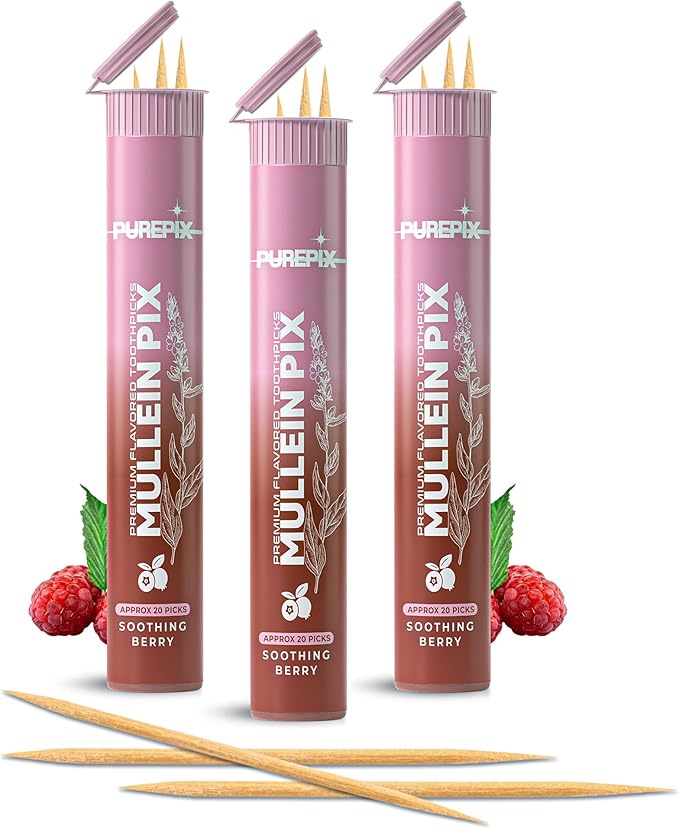 Mullein Pix, Extra Thick Flavored Toothpicks Infused with Mullein Leaf, Natural Quit Smoking Alternative, Lung Cleanse Support, Nicotine Free, Kosher Vegan, Made in The USA (Soothing Berry 3 Pack)