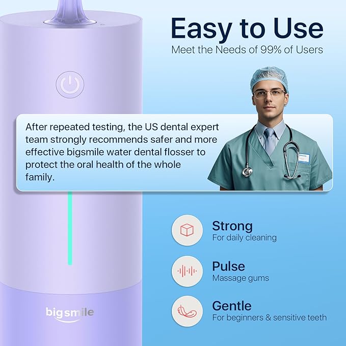 Powerful Cordless Water Flosser for Healthy Gums Rechargeable Dental Oral Irrigator for Daily Cleaning of Sensitive Gums, Orthodontic Braces to Help Prevent Infections and Bad Breath（Purple
