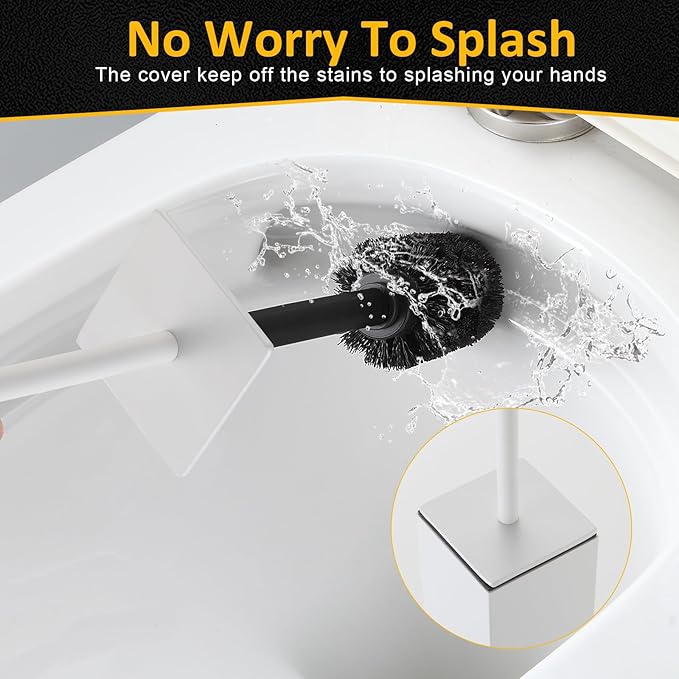 Toilet Brush and Holder Floor Standing, White with 2 Replaceable Heads, Bathroom Toilet Brush, Freestanding Toilet Bowl Brush with Removable Liner and Splash Guard, Modern Square Design