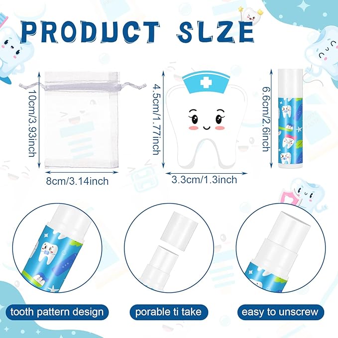 36 Set Dental Gift Teeth Lip Balm Tooth Shape Card Organza Bag Dentist Assistant Accessories Oral Dental Hygienist Stuff for Women Doctor Nurse Valentine's Day Birthday Party Favor