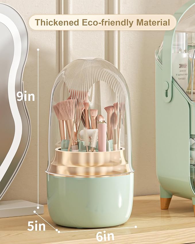 Makeup Brush Holder for Vanity - 360 Rotating Makeup Brush Organizer (Thicken Upgraded), Toothbrush Holder with Cover, Cosmetic Organizer (Green)