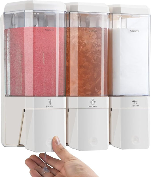 Shampoo and Conditioner Dispenser 3 Chamber No Drill Shampoo Dispenser for Shower Wall Mounted Shower Soap Dispenser 3 * 500ml Refillable Shower Dispenser for Bathroom Hotel(Cream White 3 Chamber)
