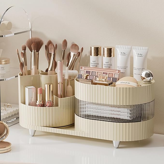 Makeup Organizer Countertop 360°Rotating Makeup Organizer for Vanity - Cosmetic Storage Holder with Makeup Brush Holder and Jewelry Storage (3 Tiers, Cream)