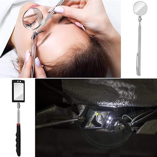 2PCS Telescopic Inspection Mirror, LED Telescopic Inspection Mirror,Portable Round 360 Degree Rotating Inspection Mirror Flashlight and Round/Square Inspection Mirror