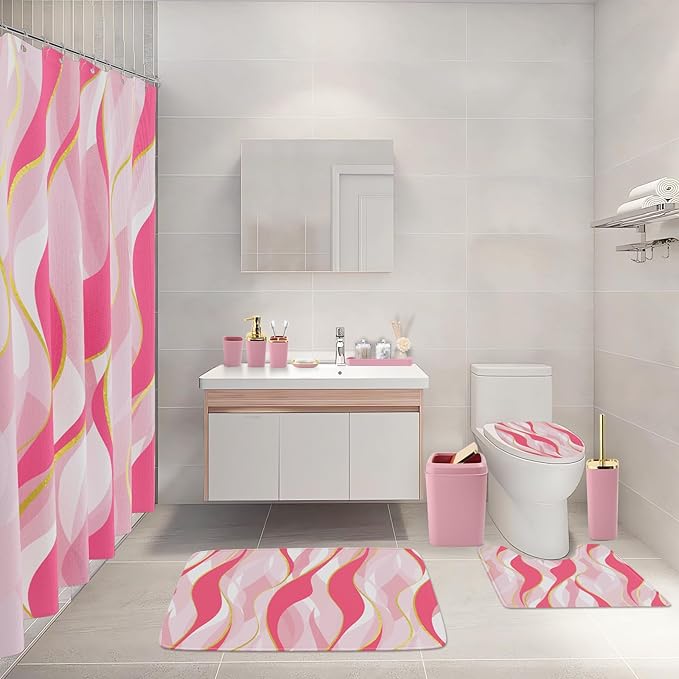 Bathroom Set - Pink and Gold Bathroom Accessories, Bathroom Sets with Shower Curtain and Rugs, Pink Shower Curtain Set with Bathroom Trash Can, Soap Dispenser, Soap Dish for Home Decor