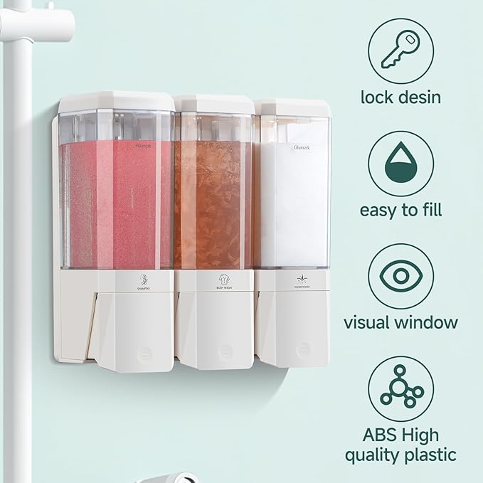 Shampoo and Conditioner Dispenser 3 Chamber No Drill Shampoo Dispenser for Shower Wall Mounted Shower Soap Dispenser 3 * 500ml Refillable Shower Dispenser for Bathroom Hotel(Cream White 3 Chamber)