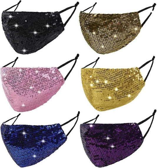 6 Pcs Washable Glitter Bling Women Face Mask. Breathable Reusable Adjustable Fashion Masquerade Facemasks With Pocket.