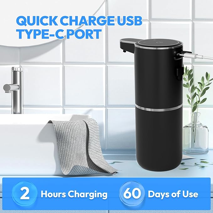 Automatic Soap Dispenser Touchless,Liquid Hand Soap Dispenser 12.8oz USB 4levels Adjustable Dispenser Electric Wall Mounted Smart for Bathroom and Kitchen Dish Soap，Easy for Toddlers(Black)