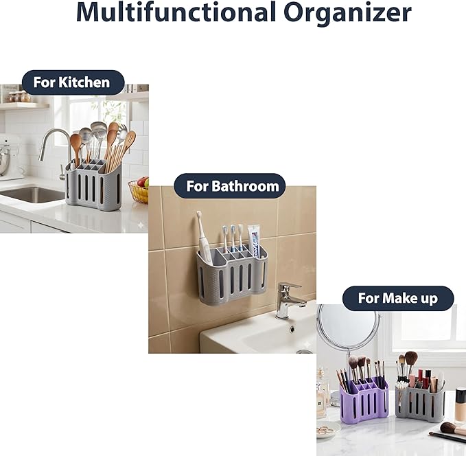 Wall-Mounted Silicone Toothbrush Holders for Bathrooms, Electric Toothbrush, Shaver and Toothpaste Holder, Multiple Slots, Suction Pad& Adhesive Tape, Bathroom Organizer, Bathroom Accessories (Purple)