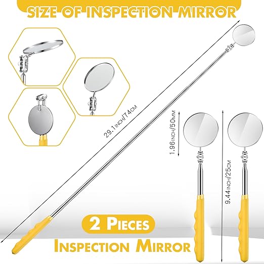 2 Pcs Telescoping Inspection Mirrors, Mechanics Mirror Tool with Long Handle, Round Extendable Mirror on a Stick for Technicians Mechanics Contractors Checking Observation(50mm,Yellow)