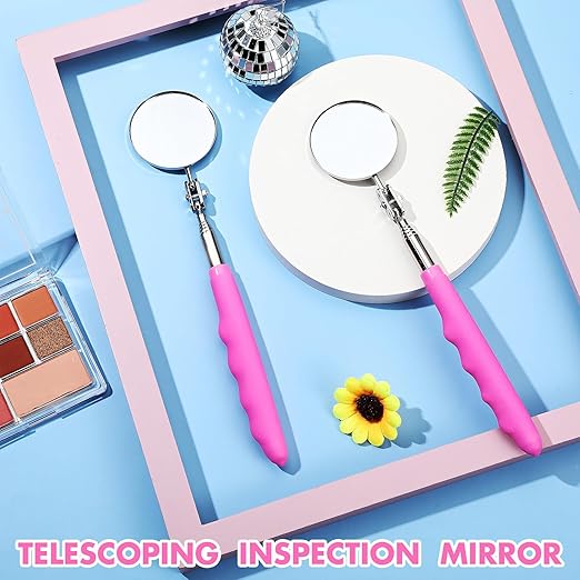 2 Pcs Telescoping Inspection Mirrors, Mechanics Mirror Tool with Long Handle, Round Extendable Mirror on a Stick for Technicians Mechanics Contractors Checking Observation(50mm,Pink)
