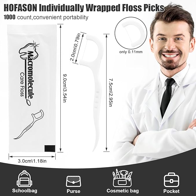 HOFASON 1000 Count Individually Wrapped Floss Picks Dental Floss Sticks Bulk, Travel Flossers Oral Care Teeth Clean for Hotel Restaurant Office, Wedding Basket Supplies and Guest Bathroom Essentials
