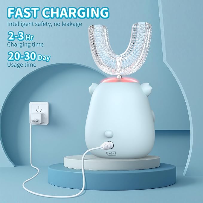 Kids U Shaped Electric Toothbrush, Automatic 360° Sonic Cleaning, 6 Modes, 4 Brush Heads, Cute Cartoon Koala Design (6-12 Age (Grey Blue))